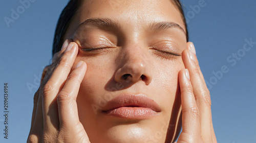 Serene face close up gentle touch under eye skincare routine natural skin glow relaxed expression