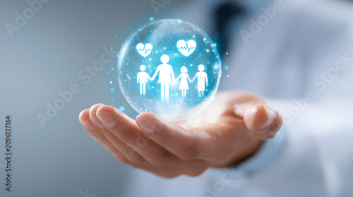 Doctor holding glowing blue sphere with heart icons isolated on transparent background