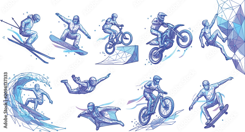 Obraz premium Abstract geometric low poly extreme sports athletic characters vector illustration element set