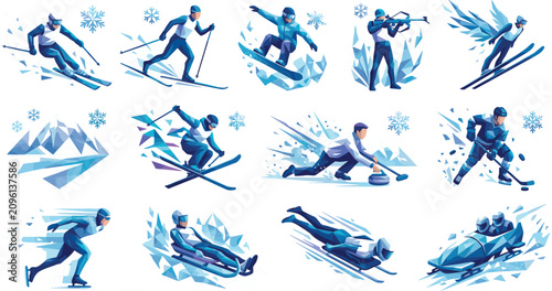 Cuadro en lienzo Abstract geometric low poly winter sports athletic characters vector illustratio