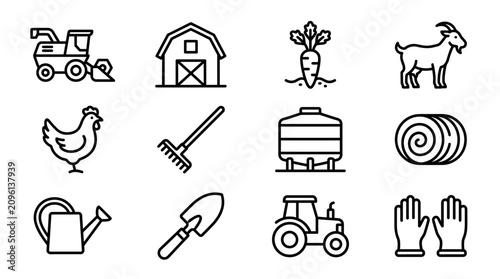 Quadro su tela Farm Icons Set: Tractor, Barn, Goat, Chicken, Harvester, Carrot, Rake, Hay Bale