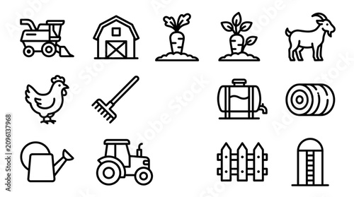 Tableau sur toile Farm Icons Set: Tractor, Barn, Combine, Chicken, Goat, Carrot, Rake, Hay Bale, S