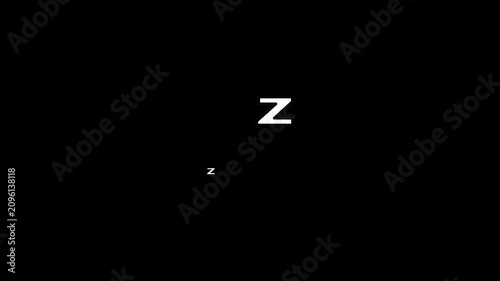 Looping animation of stylized white Z letters floating on a deep black background, symbolizing sleep, rest, and dreaming. This abstract motion graphic is perfect for relaxation projects, featuring a c