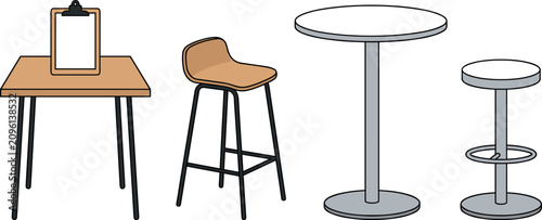 Tableau sur toile Flat vector illustration of modern bistro bar furniture set including high woode