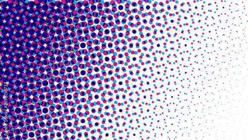Colorful round dots halftone abstract background, printing color separation. Retro vintage analog illustration.