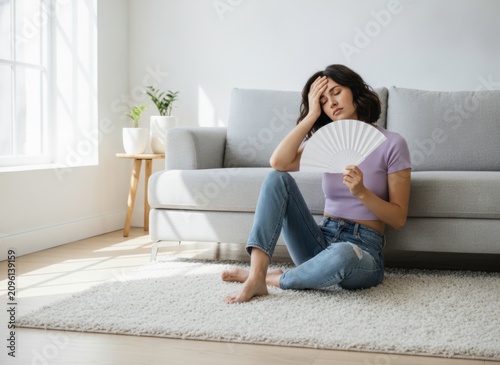 Woman Feeling Overheated While Using a Fan at Home