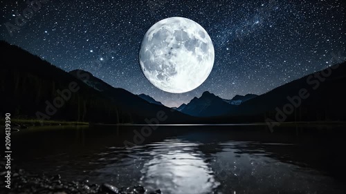 Vast night sky with a bright full moon above mountains reflected in a dark lake