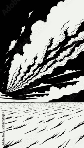 Abstract monochromatic depiction of billowing smoke plumes and a vast, textured expanse.
