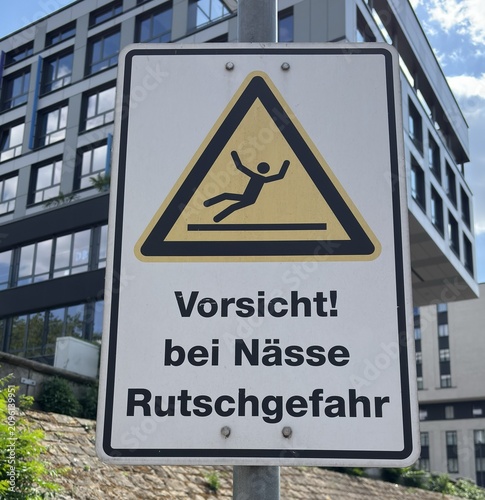 Vorsicht! Bei Nässe Rutschgefahr - Infoschild