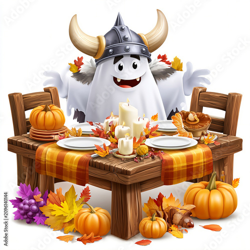 Funny halloween ghost dressed as a Viking biking, setting a Thanksgiving dinner table, arranging plates, candles, pumpkins, autumn leaves and seasonal decorations.