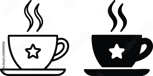 Fotografie Stylized steaming coffee cup icons on saucer with star design featuring outline