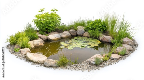 A small natural pond with lily pads and surrounding greenery