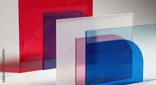 Abstract minimalist composition of overlapping translucent colorful acrylic panels with geometric shapes and rounded corners for creative design