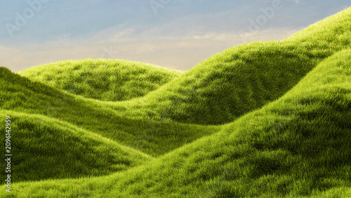 Foto Rolling lush grass hills landscape with realistic green vegetation
