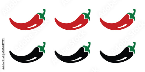 Foto Red and black hot chili pepper icons with green stems showing spicy vegetable silhouette designs