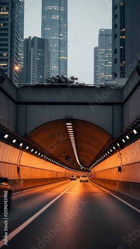 Modern urban bridge at night with light trails.