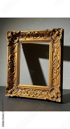Ornate antique gold frame on dark background.