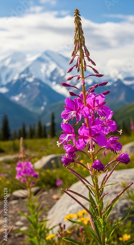 Purple foxglove flowers in mountain meadow.
