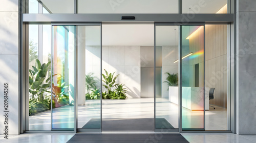 Modern glass automatic sliding doors at the entrance of a bright office lobby with green plants and marble reception desk