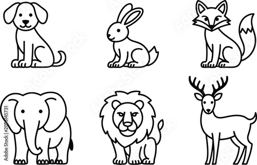 Konstfotografi Cute cartoon animal line icon set with dog rabbit fox elephant lion and deer isolated on white background vector illustration