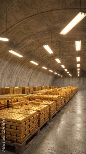 Underground Concrete Vault Tunnel Lined with Rows of Ceiling Lamps, Filled with Massive Stacks of Gold 