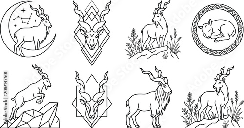 Cuadro en lienzo Markhor Outline Illustration Collection Featuring Mountain Goat Line Art Wildlif