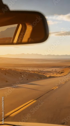 Vertical video: Moving car, cam capturing windshield on desert highway, mirror framing centerline