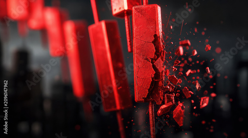 Red candlestick chart macro finance abstract glowing market crash scene with cracked trading bar fragment dark background digital stock graph concept