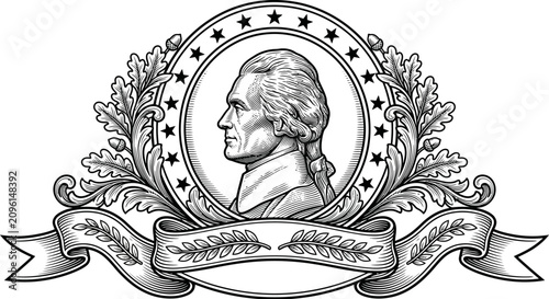 Engraved illustration of Thomas Jefferson inside a decorative circular frame with stars and ribbon.
