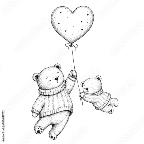 Zwei niedliche Teddybären in Strickpullovern schweben an einem herzförmigen Luftballon. Liebevolle Illustration mit verspieltem Motiv auf weißem Hintergrund.