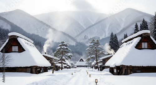 Snowy mountain lodge with pine trees and peaks.