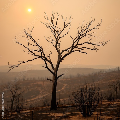 Solitary tree standing in golden field at sunrise.