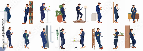 Collection of illustrations showing a man in a tracksuit drinking green juice and using a smartphone in various home settings.