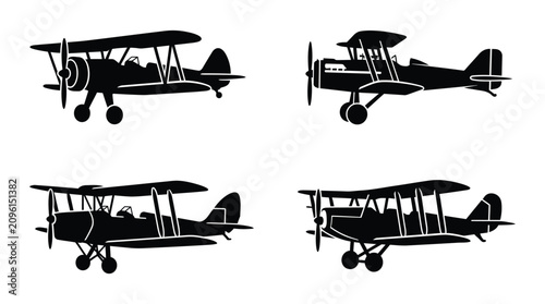 Set of vintage biplane silhouettes showing different old airplane models for aviation design