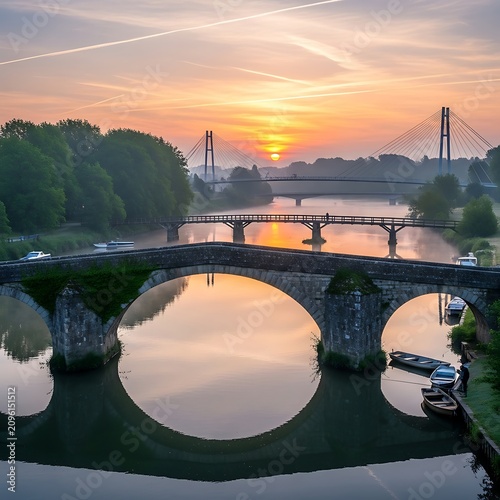 Sunset over bridge and river with reflections.