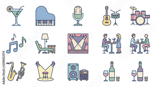 Music and wine social gathering icons.
