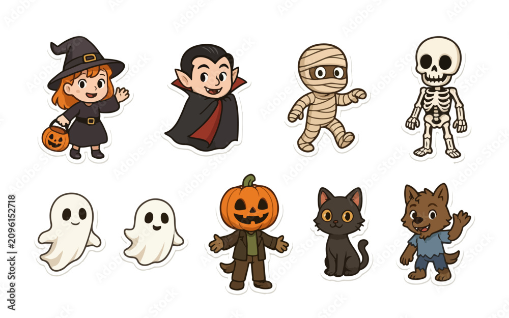 Obraz premium Cute Halloween Characters Sticker Set with Witch, Vampire, Mummy, and Ghost Vector Illustration