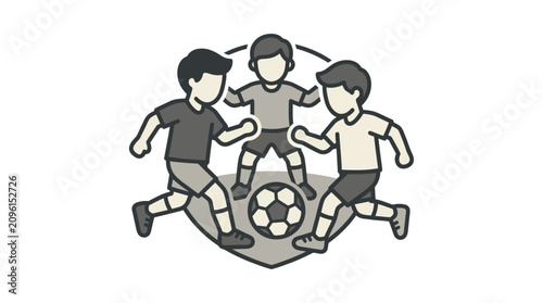 Obraz na płótnie Three Boys Playing Soccer Together.