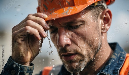 Construction Worker Under Rain Wearing Hard Hat Face Splash Dramatic Weather