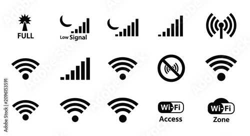 Obraz na plátně Wireless signal strength and wifi icons in black silhouette