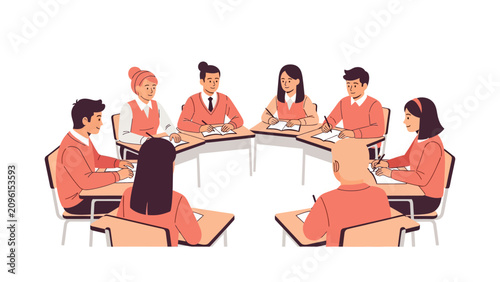 Diverse Students Sitting in Circle Classroom Seminar Flat Illustration