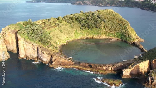 Magical island with circular lagoon on Azores islands in Portugal view from above