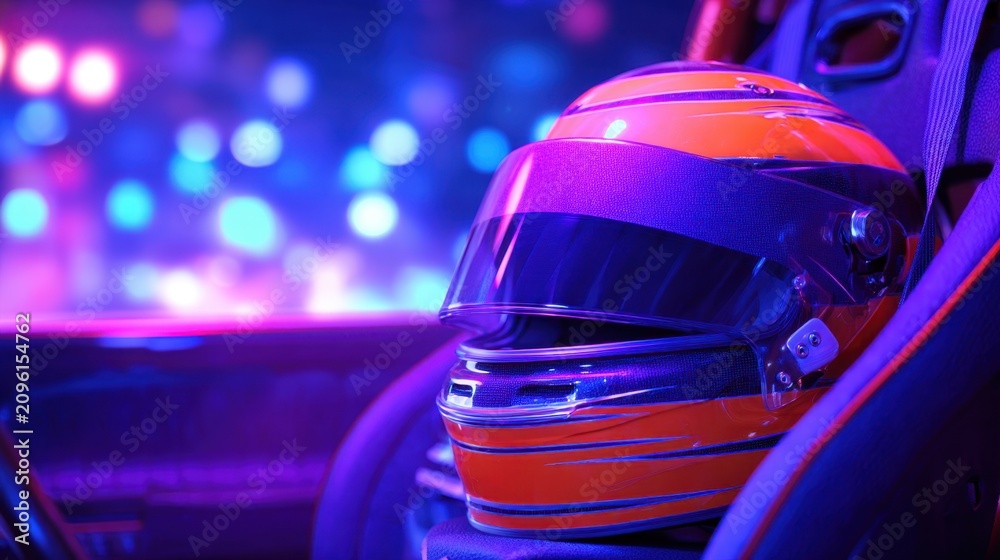 Fototapeta premium A racing helmet rests in a car seat, illuminated by vibrant blue and purple lights, creating an exciting atmosphere