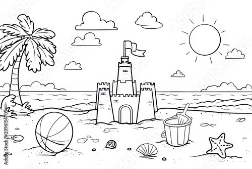 Printable summer coloring sheet featuring sandcastle, shells, waves and playful shapes