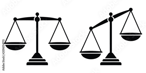 Vector balance scale icon set featuring justice and measurement symbols in clean clip art style, isolated on a transparent background, perfect for law, finance, business, equality, comparison, and dec