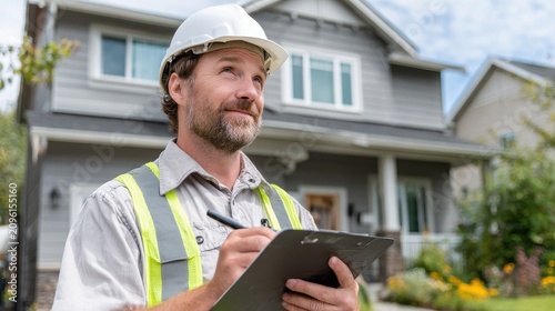 Professional house inspector with white hard hat and clipboard evaluating a property