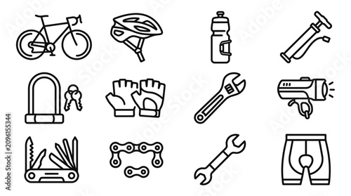 Bicycle Accessories Icons: Bike, Helmet, Pump, Lock, Gloves, Tools & More