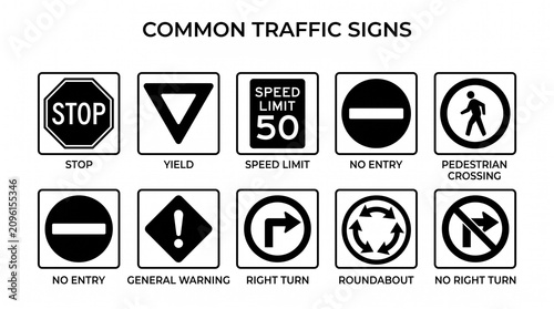 Принти на полотні The picture is a black-and-white illustration showing various common traffic signs