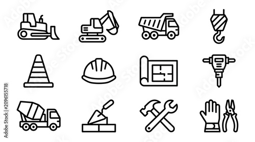 Fotografie Construction Icons Set: Heavy Machinery, Safety Gear, Tools, and Plans