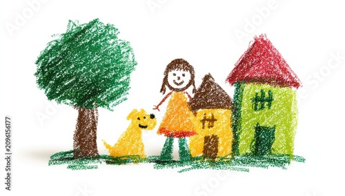 Child's crayon drawing of a girl, dog, and house